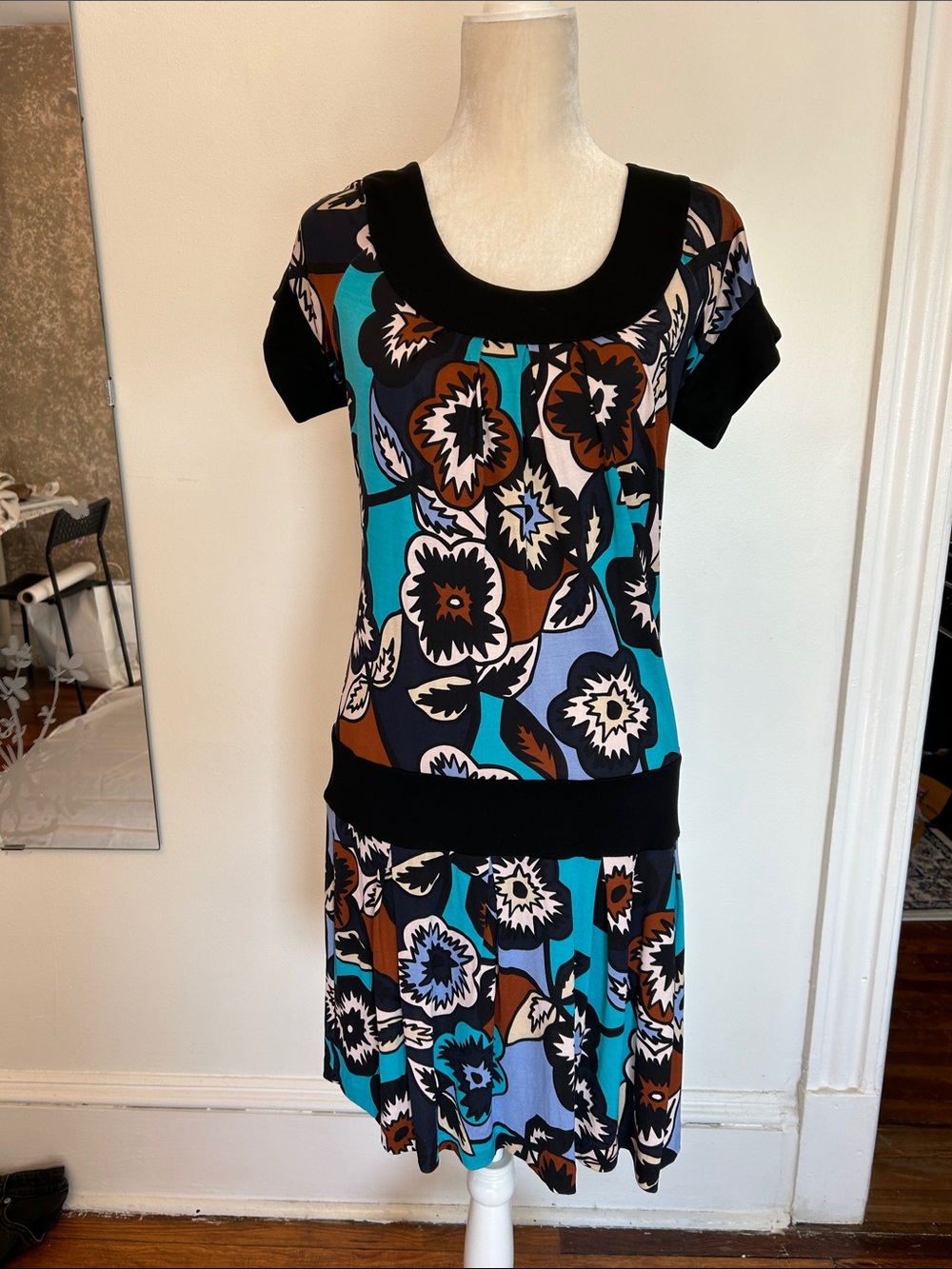 Diane Von Furstenberg Teal, Brown & Black Floral A-Line Skirt